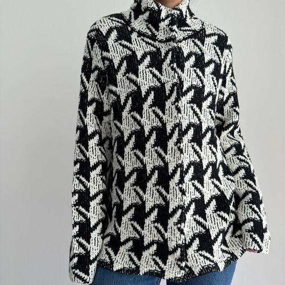 Chicos Jacket Womens XL Wool Blend Knit Cardigan Houndstooth Check Mock Neck - Picture 2 of 10